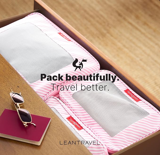 LeanTravel Premium Compression Packing Cubes for Travel - Luggage Organizers with Double Zipper - Sturdy Bags for Suitcase (6-Pack, Pink Stripes)