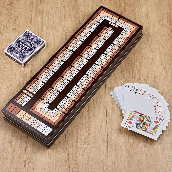 VAMSLOVE Upgraded Wooden 4-Track Cribbage Board Game Magnetic Scoreboard with Large Slots for Storing 2 Playing Cards and 12 Metal Pegs, Travel Family Game Night (Instruction Included)