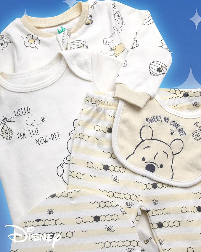 Disney Newborn Baby Girl Boy Clothes - 7 Piece Mickey Mouse Winnie the Pooh Bib Onesie Overall Beanie Pants Gift Bag Gift Set