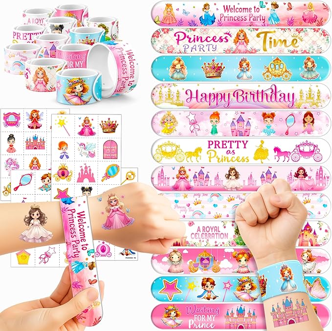 72PCS Little Princess Party Set - 48PCS Temporary Tattoos & 24PCS Slap Bracelets - Cute Birthday Supplies, Baby Shower Gifts, Classroom Rewards & Princess-Themed Decor for Girls