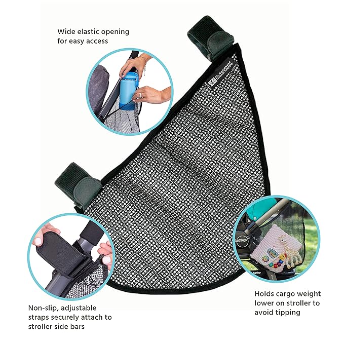J.L. Childress Side Sling Cargo Net - Stroller Organizer Attachment for Storage, Mesh Bag for Baby Accessories, Universal Fit, Non-Slip and Adjustable Straps - Black