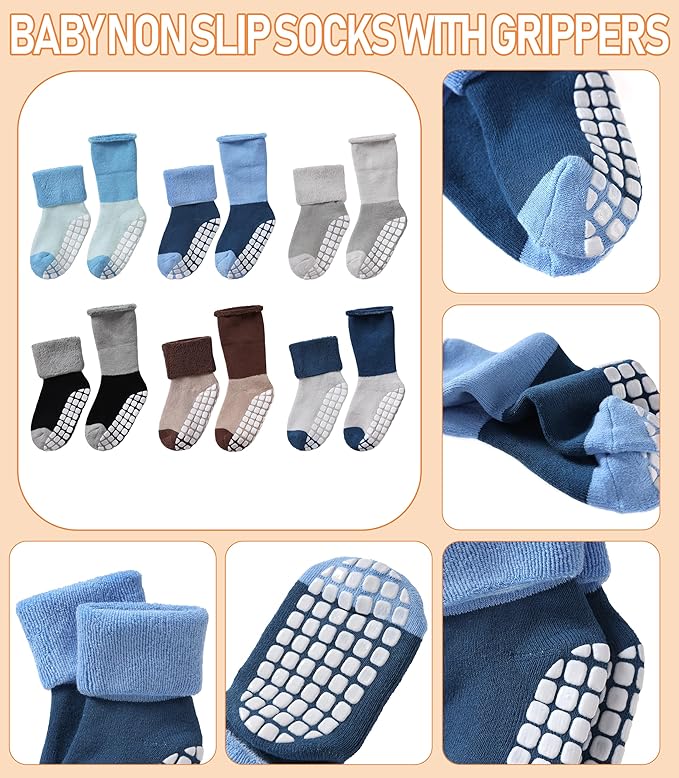 LANLEO Baby Girls Boys Non Slip Socks with Grips Toddler Kids Unisex Warm Thick Cotton Ankle Crew Socks with Grippers