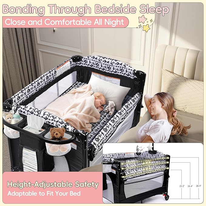 Xilingol 5-in-1 Baby Bassinet Bedside Sleeper, Baby Pack and Play with Changing Table, Portable Crib with Carry Bag, Cosleeper Bassinet Attach to Bed for Newborn to Toddlers