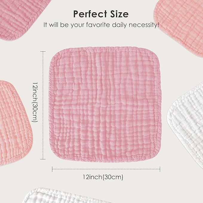Sunny zzzZZ Baby Muslin Washcloths -100% Cotton Muslin Soft Baby Bath Wash Cloths and Absorbent Burp Cloths for Newborns Kids Girls and Boys -12 Pack, 12x12 Inches - White+Light Sakura Series