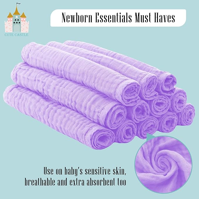 Cute Castle 24 Pack Muslin Burp Cloths for Baby - Ultra-Soft 100% Cotton Baby Washcloths - Large 20'' by 10'' Super Absorbent Milk Spit Up Rags - Burpy Cloths for Unisex, Boy, Girl - Purple