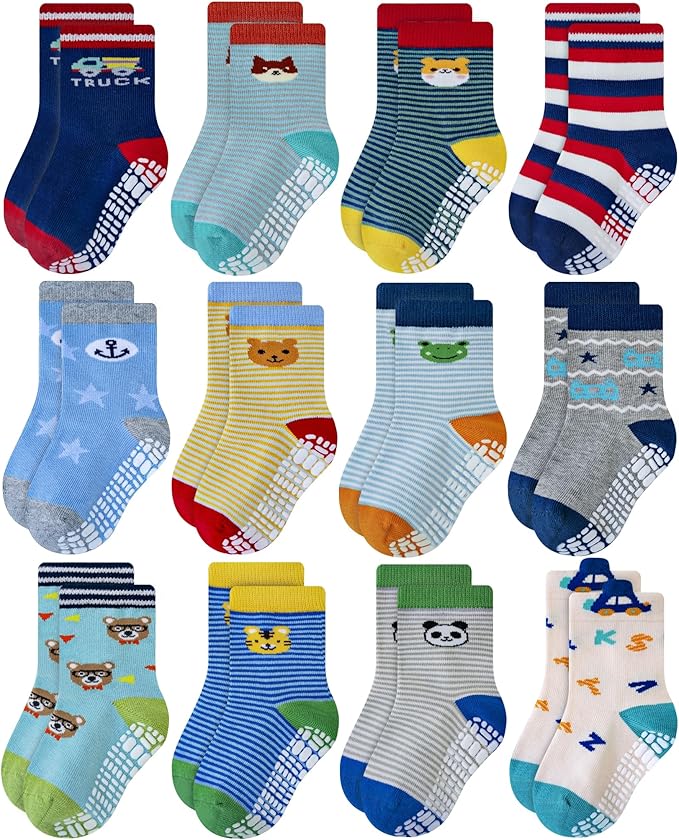 RATIVE Non Skid Anti Slip Crew Socks With Grips for Baby Infant Toddlers Kids Boys