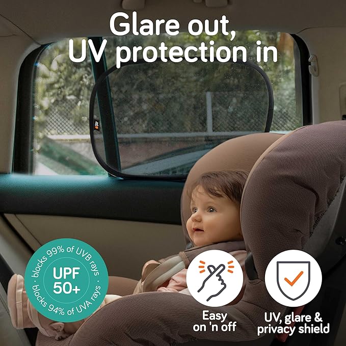 Baby Uma Car Window Shades + Baby Car Mirror - UPF 50+ Window Shade 2 Pack PLUS 1 Shatterproof, XL View Mirror for Baby, Easy On 'n Off, Newborn Essentials