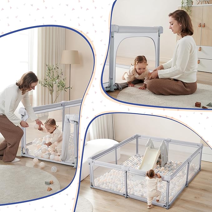 Sweeby Baby Playpen, 79x71 Inch Foldable Playpens for Babies and Toddlers with Gate, Extra Large Playpen with Door Play Yard for Baby Fence Indoor and Outdoor Portable Play Pen,LightGrey