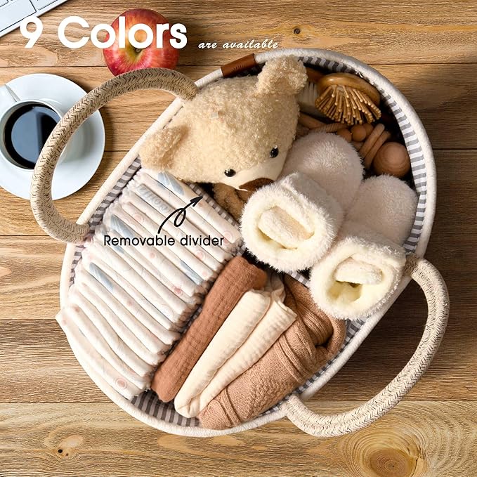 Baby Changing Basket Includes Diaper Caddy - Soft & Waterproof Dual-Cover, Portable, Changing Pad for Dresser & Changing Table, Gift for Baby Shower, Organic Cotton Rope
