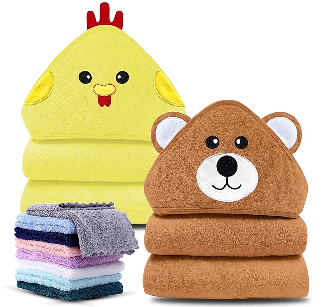 Cute Castle 2 Pack Hooded Baby Towel Rayon Made from Bamboo with 8 Washcloths - Soft Bath Towel for Bathtub for Babie, Newborn, Infant, Natural Baby Stuff Towel (Bear and Chicken)