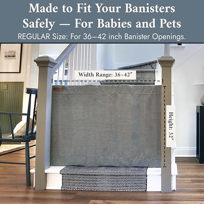 The Stair Barrier First Fabric Banister to Banister Baby Gates for Stairs 36”–42” Wide x 32” Tall– No Drill Baby Gate for Top or Bottom Staircase, Machine-Washable Climb Proof, Designed in USA, Grey