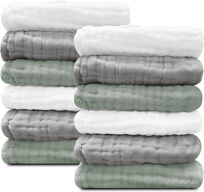 Sunny zzzZZ Baby Muslin Washcloths -100% Cotton Muslin Soft Baby Bath Wash Cloths and Absorbent Burp Cloths for Newborns Kids Girls and Boys -12 Pack, 12x12 Inches - White+Green+Grey