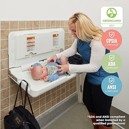 ECR4Kids Horizontal Wall-Mounted Changing Station with 500 Sanitary Liners, Baby Changer, White Granite