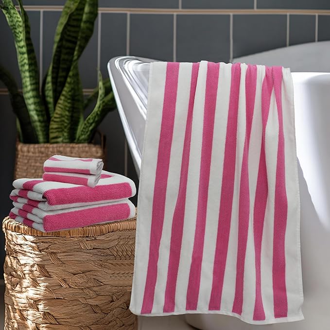 ORIGINAL KIDS 6 Piece Towel Set - Cabana Stripe - Rugby Stripe - 2 Bath Towels, 2 Hand Towels, 2 Washcloths - 100% Cotton - Soft Absorbent Quick Dry Durable Pool Shower Beach - Gift - Pink White
