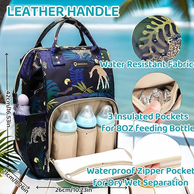 Diaper Bag Backpack, Animal Print Travel Nappy Bag with USB Charging Port Stroller Straps and Insulated Pocket For Women/Mum (Animal Print Pattern)
