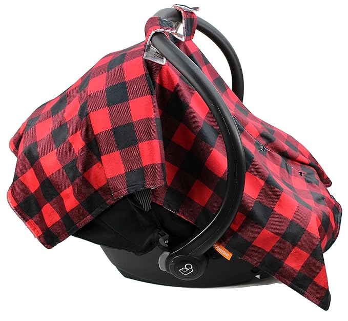 Dear Baby Gear Car Seat Canopy - Unisex Infant Car Seat Cover - Soft and Breathable Fabric - Fits Most Carseats - Winter Moose/Red Black Plaid - 40"x30"