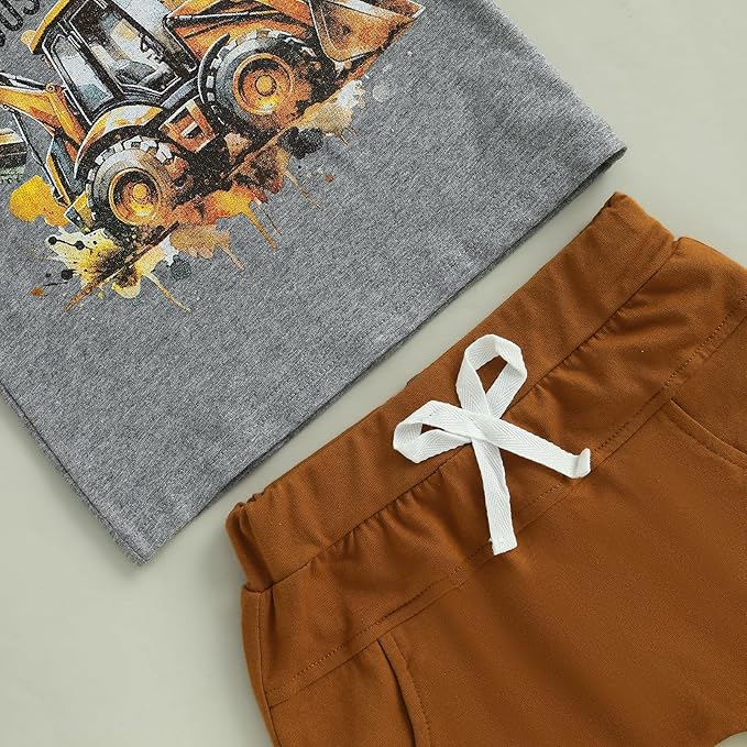 Toddler Baby Boy Clothes Summer Short Sleeve Trucks Tractors Print T-Shirt Tops Solid Color Shorts Set Casual Outfit