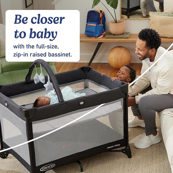 Graco On The Go Zip Pack ‘n Play Playard, Folding Playpen with Bassinet, Portable Crib, Reeves