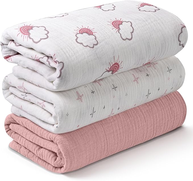 Muslin Swaddle Blankets for Newborn, 3 Pack Breathable Soft Receiving Blanket, Large 38 x 40 inches Swaddle Wrap Burping Clothes Diapers, Essentials Infant Shower Items, Toddler Gift (Clouds & Stars)