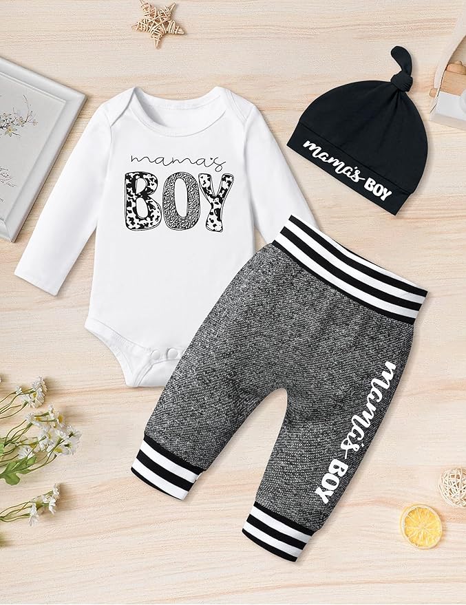 Fommy Newborn Baby Boy Clothes New to The Crew Letter Print Romper+ Pants+Hat 3PCS Outfit