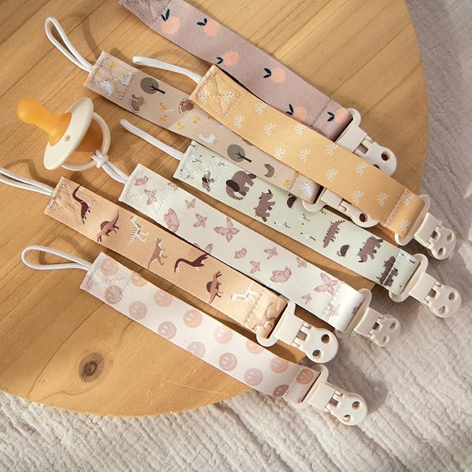 Stadela Baby Pacifier Clip Holder - Boy and Girl Unisex 4 Pack Gift Set – Neutral Vintage Rabbits and Carrots Beige Blue Brown Peter