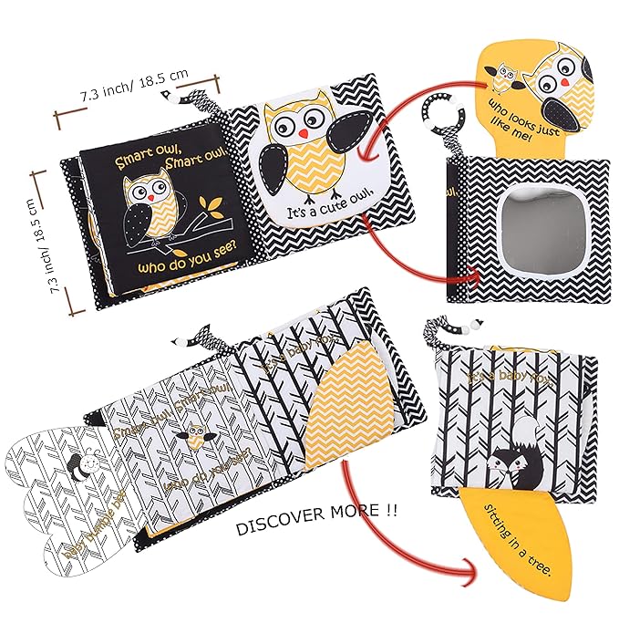 Touch and Feel Cloth Crinkle Books for Babies Infant, Baby Books Toys 0-3-6-12 Months, Christmas Shower Baby Gifts, High Contrast Toy,Teething Teethers, Tummy Time Mirror Toys for Boys and Girls-Owl