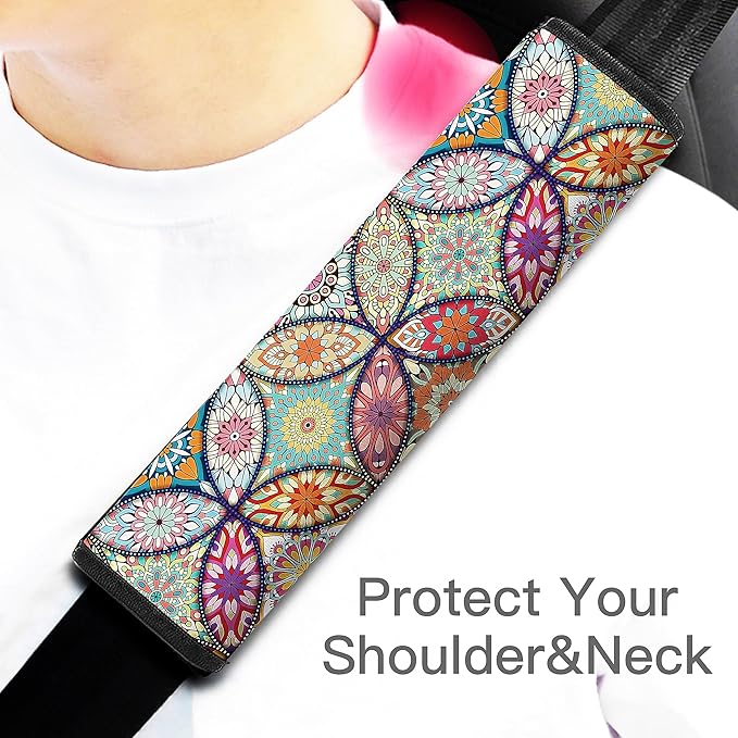 Car Seat Belt Pad Cover, 4-Pack Soft Car Safety Seat Belt Strap Shoulder Pad for Adults and Children, Suitable for Car Seat Belt, Backpack, Shoulder Bag(Pretty Mandala)