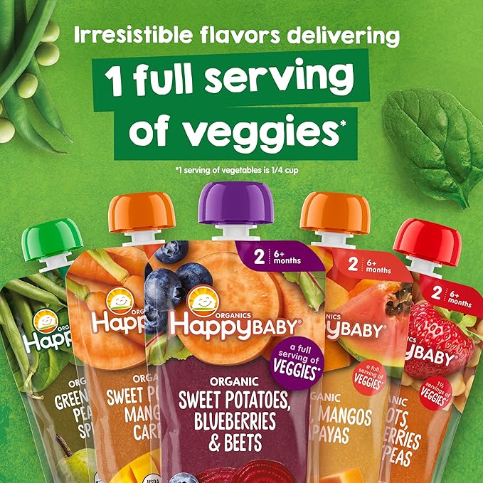 Happy Baby Organics Stage 2 Baby Food Pouches with One Full Serving of Veggies, Nutritious Snack, Clearly Crafted Fruit & Veggie Puree, Squash, Mango, & Papaya, 4 Ounces
