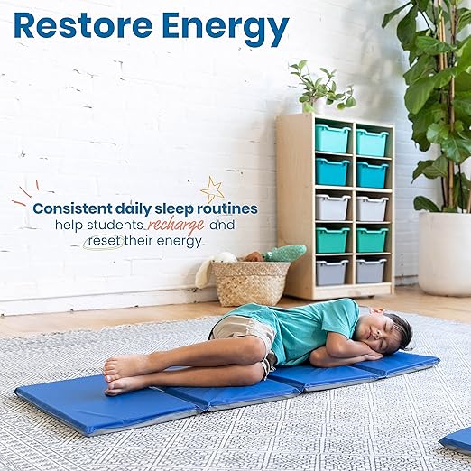 ECR4Kids Everyday Folding Rest Mat, 4-Section, 1in, Sleeping Pad, Blue/Grey, 5-Pack