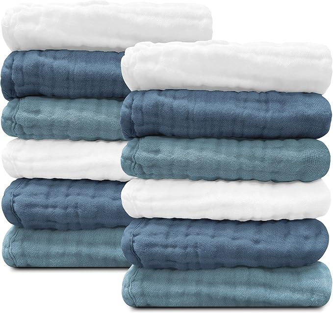 Sunny zzzZZ Baby Muslin Washcloths -100% Cotton Muslin Soft Baby Bath Wash Cloths and Absorbent Burp Cloths for Newborns Kids Girls and Boys -12 Pack, 12x12 Inches - White+Light Navy Series