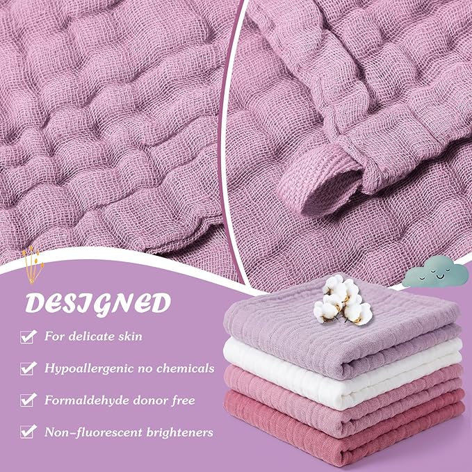 8 Pcs Baby Washcloths for Newborn 12 x 12 Inch Muslin Face Towels Cotton Absorbent for Delicate Skin Soft Muslin Cloth Reusable Baby Registry as Shower Gift, 4 Colors(Purple Color)