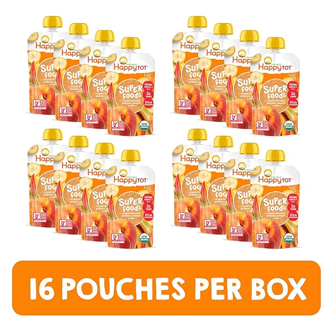 HAPPYTOT Organics Stage 4 Baby Food Pouches, Gluten Free, Vegan Snack, SuperFoods Fruit & Veggie Puree, Bananas, Peaches, Mangos & Chia, 4.22 Ounce (Pack of 16)
