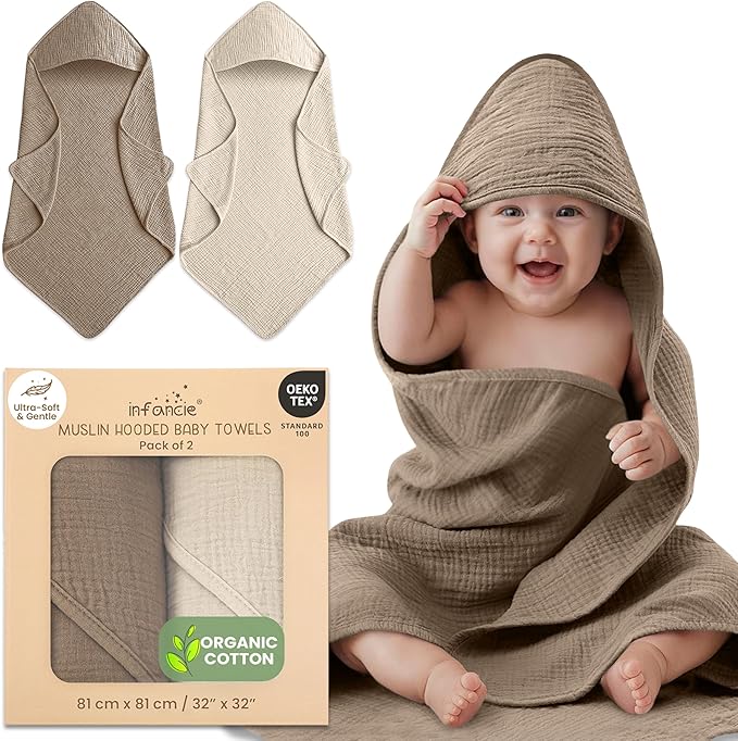 100% Organic Cotton Muslin Baby Hooded Towels 32x32 Inch – 2 Pack Soft & Absorbent Hooded Baby Towels For Boys & Girls, Premium Hooded Towels, Ultra-Gentle Baby Essentials in Deep Olive/Ivory