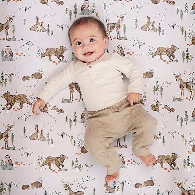 Crib Sheets Neutral - Fitted Baby Crib Sheets Bed for Girl Boy - 2 Pack Standard & Toddler Mattress - Buttery Soft Organic Cotton Blend (Magic Forest)