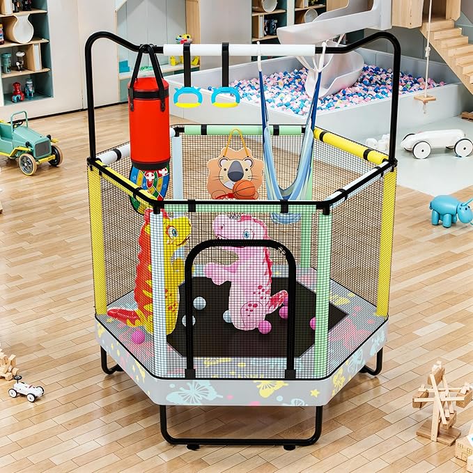 LAMERGE 55" 7-in-1 Round Trampoline for Kids Boys & Girls Ages 1-8, Indoor & Outdoor Trampoline for Fun, Adjustable Height Handrail ＆ Enclosed Safety Net ＆ Durable Designs for Toddlers Children