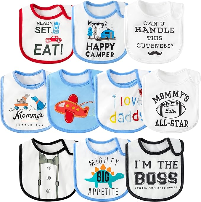 BWkoss 10Pcs Waterproof Baby Bibs Unisex Newborn Babies Food Bibs Baby Keepsake Birthday Gift for Drooling Feeding Eating Teething, 6-12 Months