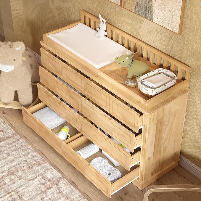 Homsee Baby Changing Table Dresser, 100% Solid Wood Infant Diaper Changing Station Combo, 10-Drawer Baby Nursery Dresser with Removable Tray for Children's Room Bedroom, Nature Color 55.1"W