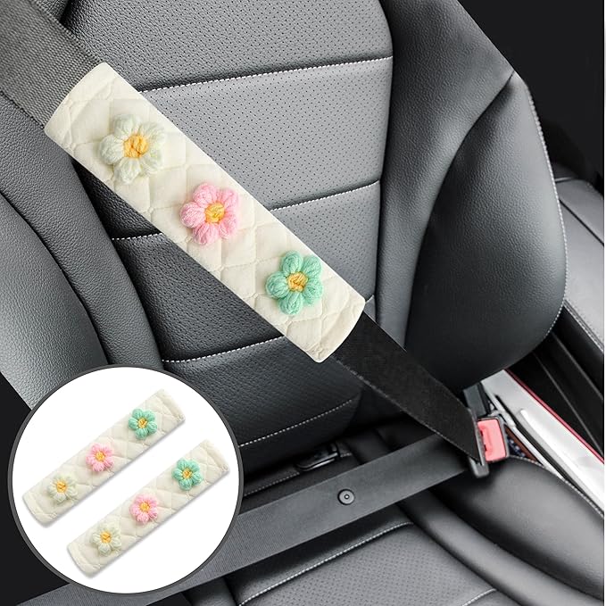 Amooca Soft Auto Seat Belt Cover Seatbelt Shoulder Pad Cushions 2 PCS for a More Comfortable Driving Universal Fit for All Cars and Backpack Off-White Knitted Flower (Green & Pink)