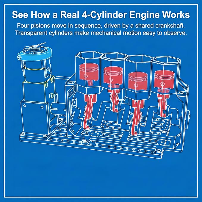 4-Cylinder Working Engine Model STEM Kit for Kids Ages 8–14,DIY Build with Moving Pistons and Crankshaft, Beginner Engineering Science Kit, STEM Toy, Educational Gift for Boys and Girls