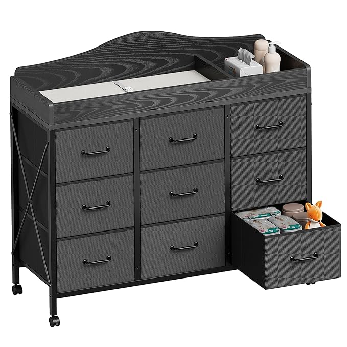 Baby Changing Table with 9 Fabric Drawers, Waterproof Diaper Changing Station & Pad, Mobile Nursery Diaper Changing Table, Baby Furniture, Bedroom, Black