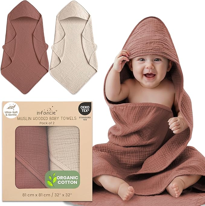 100% Organic Cotton Muslin Baby Hooded Towels 32x32 Inch – 2 Pack Soft & Absorbent Newborn Bath Towels for Boys & Girls, Premium Hooded Towels, Ultra-Gentle Baby Essentials in Rust/Ivory