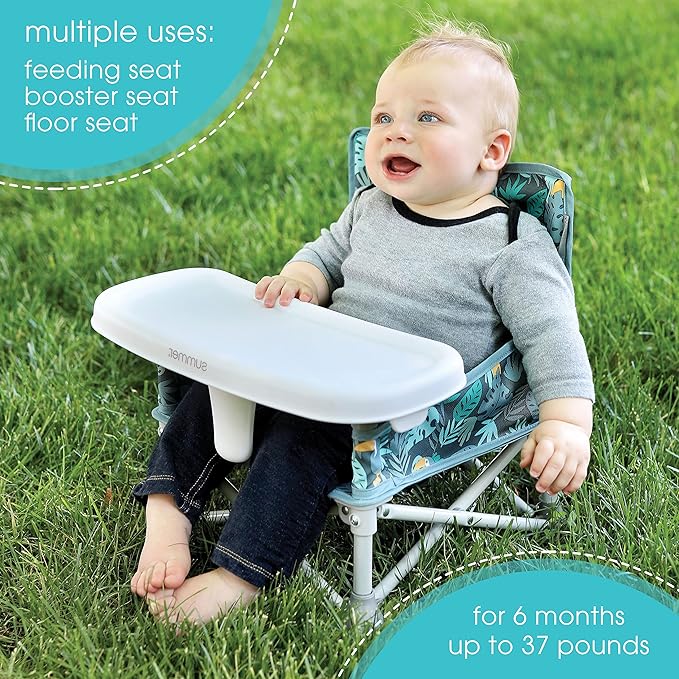 Summer by Bright Starts Pop 'N Sit Portable Booster Chair, Floor Seat, Indoor/Outdoor Use, Compact Fold, Jungle Botanical, 6 Mos - 3 Yrs