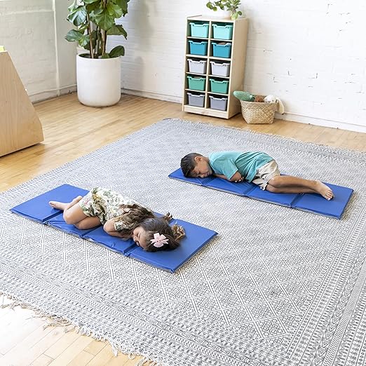 ECR4Kids Everyday Folding Rest Mat, 4-Section, 1in, Sleeping Pad, Blue/Grey, 5-Pack