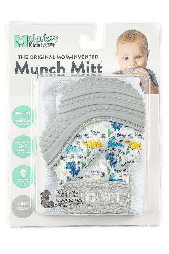 Malarkey Kids Baby Teething Mitten, Munch Mitt Baby Chew Toy - Protects Hands from Chewing & Saliva, Heals Aching Gums, Promotes Sound & Visual Stimulation for Babies - Dino Roar