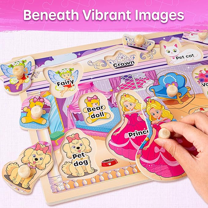 SYNARRY Wooden Puzzles for Toddlers 1-3, 6XSET Toddlers Puzzles Ages 1-3 with Rack, Learning Alphabet Number Shape Unicorn Princess, Toddler Valentines Day Easter Basket Stuffers Gifts Toys for Girls