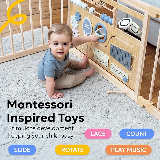 Miotetto Baby Playpen, Wooden Playpen for Babies and Toddlers, Foldable Fence with Montessori Activity Panel, Storage Basket & Gate, Portable, Easy to Assemble Baby Play Pen Natural Wood Playyard