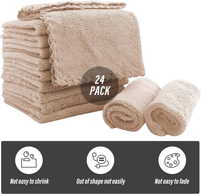 Sunny zzzZZ Ultra Soft 24 Pack Baby Washcloths - 10x10 Inches - Coral Fleece Extra Absorbent Wash Clothes for Babies, Infants and Toddlers - Sensitive Skin and Newborn - Ideal Baby - Brown
