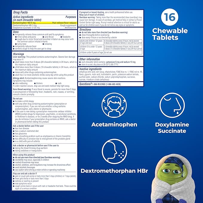 Mucinex Children's Mighty Chews Nighttime Cold and Flu Medicine, Children's Acetaminophen, Dextromethorphan, & Doxylamine Succinate, Kids Cough Medicine, Ages 6+, 16 Medicated Chewable Tablets