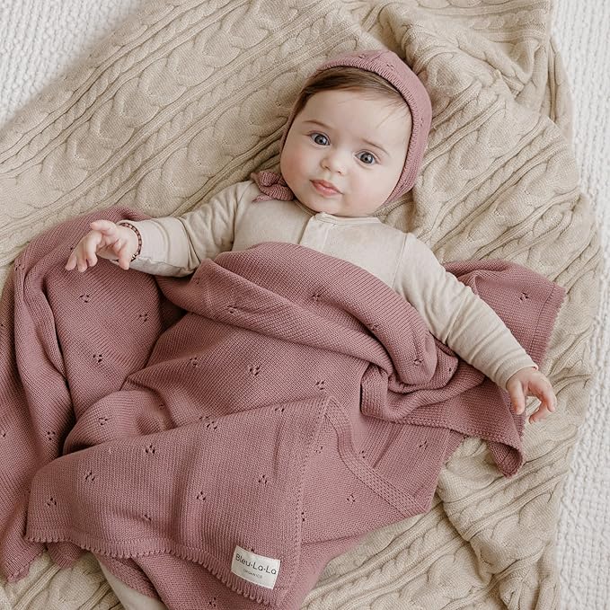 Baby Gift Set - Organic Cotton Newborn Blanket Essentials, Thoughtful Baby Shower & New Baby Gift for Boys & Girls (Pointelle - Sugar Plum)