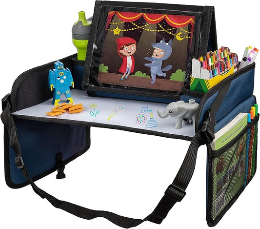 Lusso Gear Kids Travel Tray for Car - Road Trip Essentials for Kids - Car Seat Tray for Travel - Toddler Travel Lap Desk and Organizer - Holds Snacks, Water Bottle, Toys (Blue)